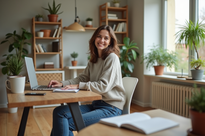 Femme souriante travaillant à son bureau à domicile