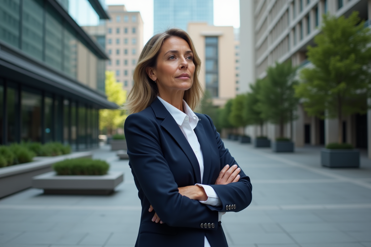 Femme confiante en blazer dans un environnement urbain