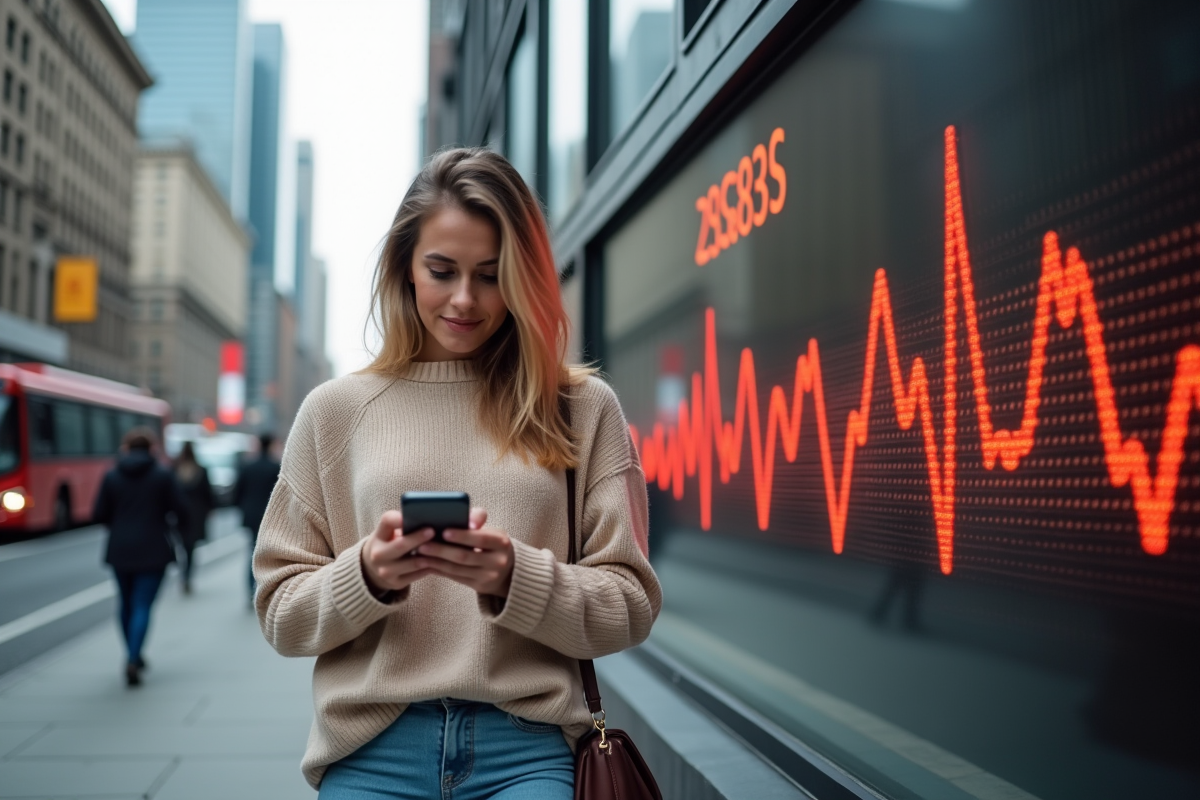 Jeune femme regardant son smartphone en ville