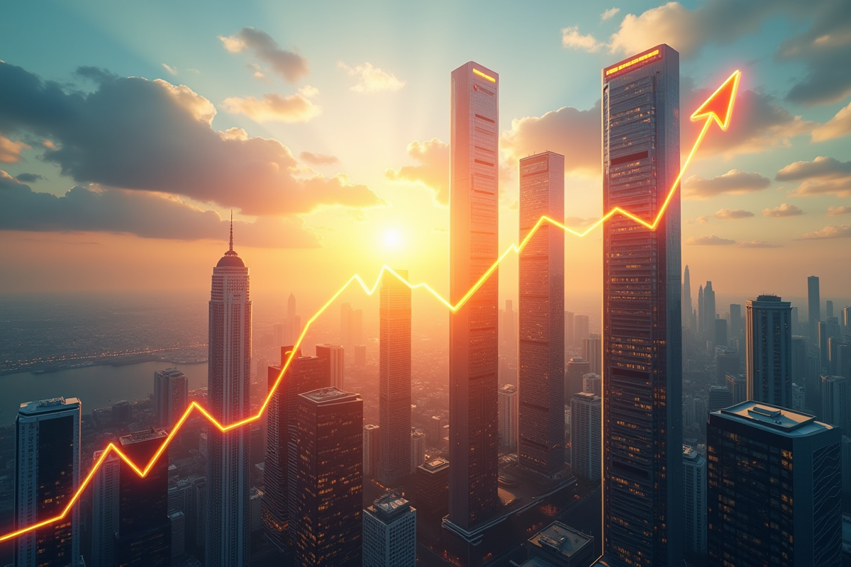 Ville urbaine avec graphiques financiers en croissance dans le ciel