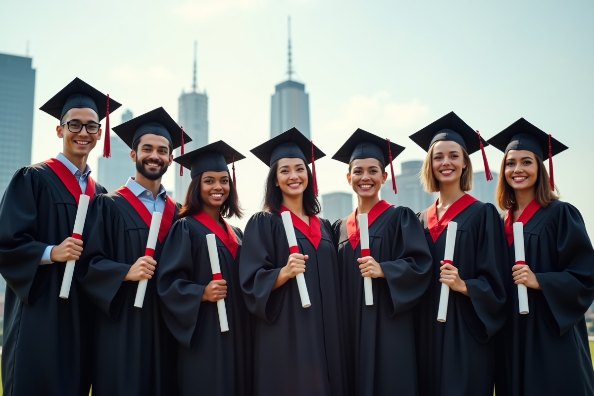 Groupe de diplômés souriants devant la ville avec graphique financier