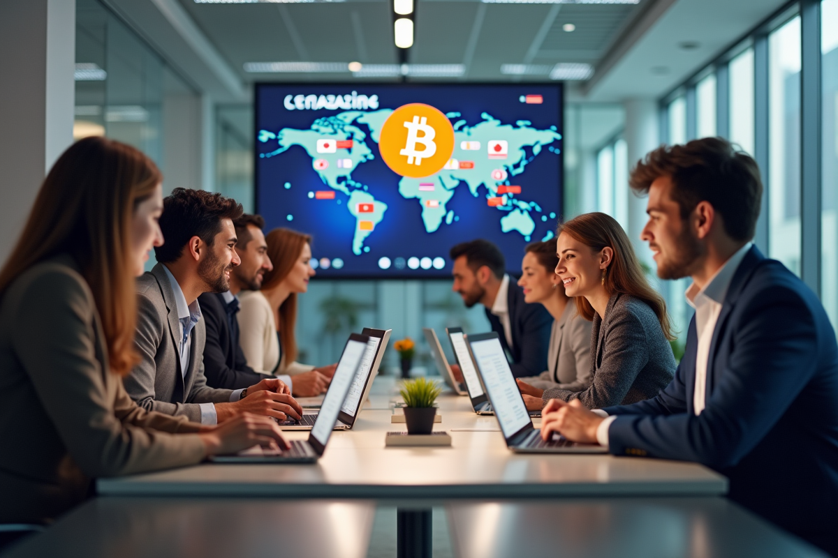 Groupe diversifié autour d'une table avec laptops Bitcoin