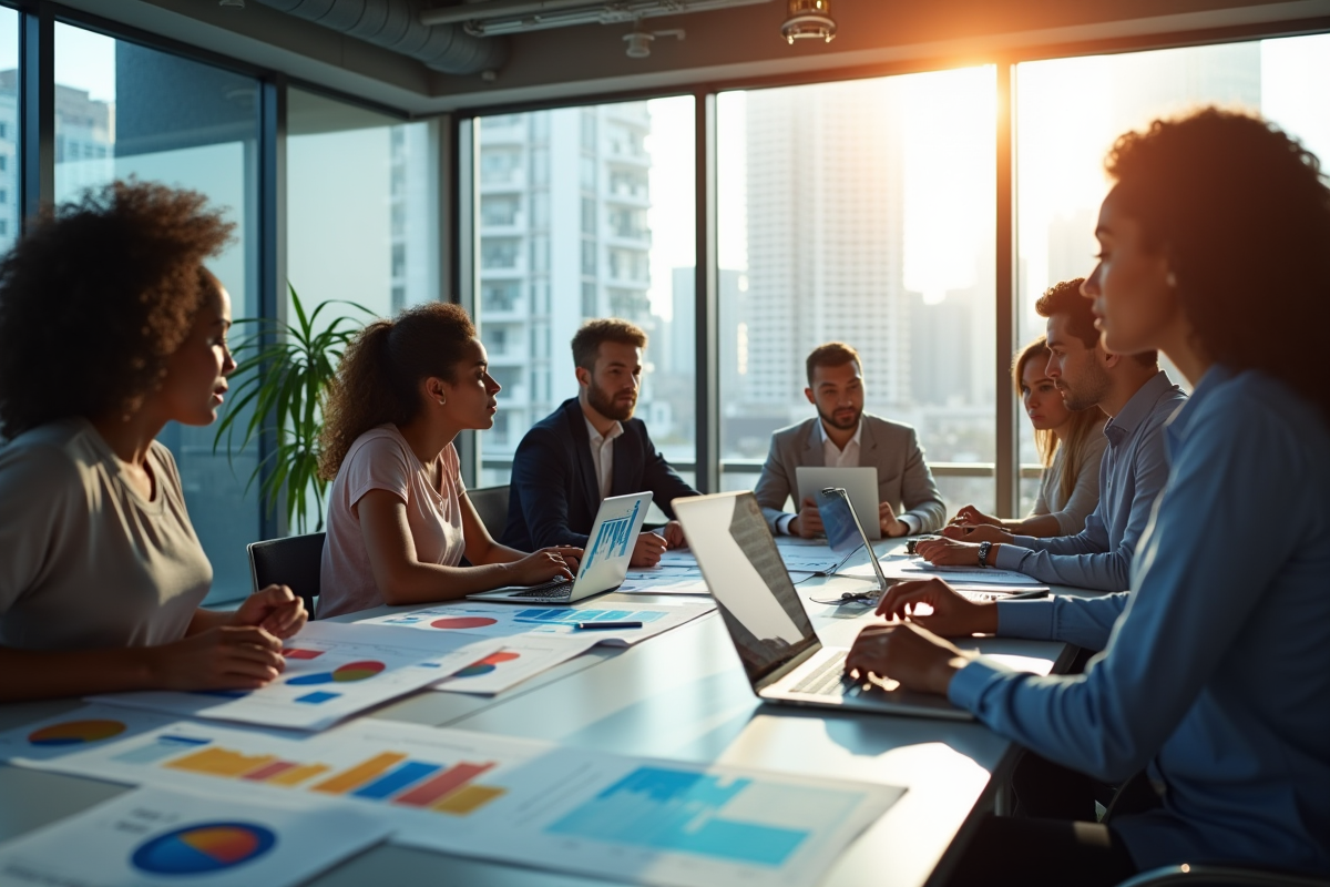 Groupe de professionnels analysant des données dans un bureau lumineux