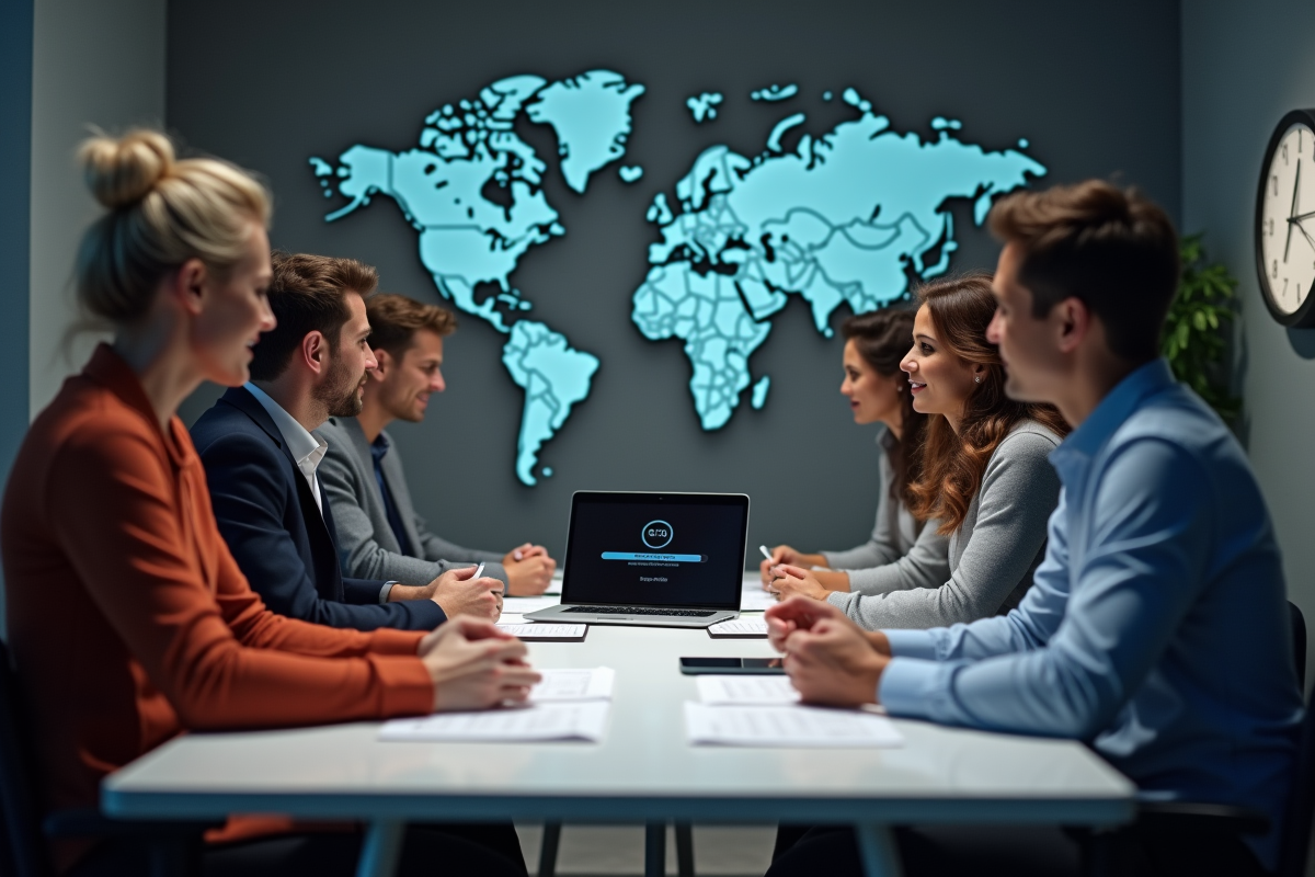 Groupe de personnes travaillant sur des documents de transfert d'argent international