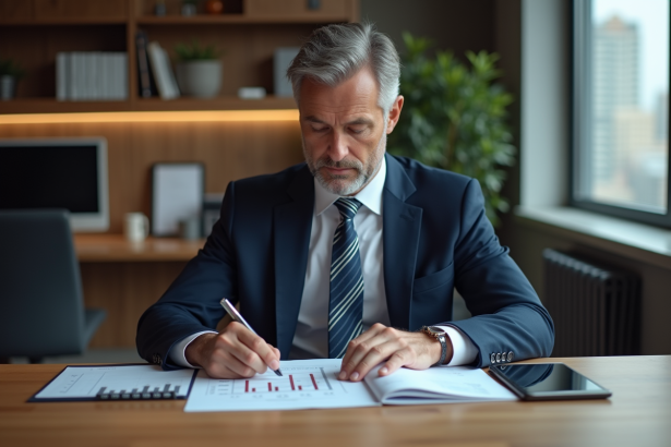 Homme d'affaires en costume analysant des graphiques financiers