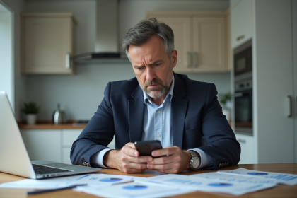 Homme d'affaires inquiet vérifiant ses finances à la maison