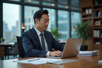 Homme d affaires concentré dans un bureau moderne avec vue urbaine