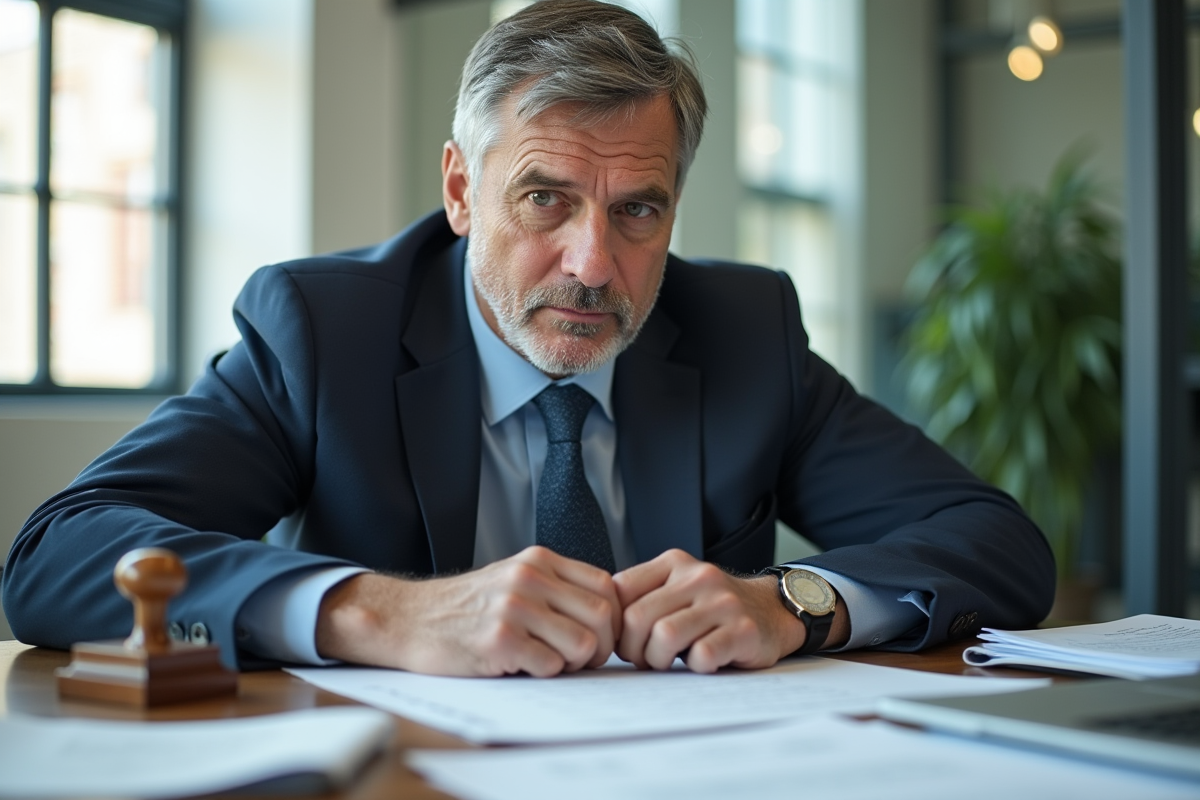 Homme d'affaires sérieux au bureau avec un tampon de prêt refusé