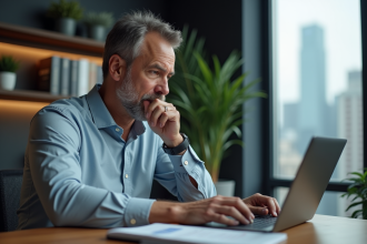 Homme d'affaires analysant un graphique boursier sur son ordinateur