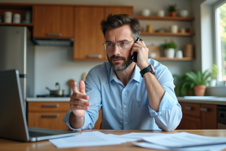 Homme d'âge moyen au bureau cuisine en pleine concentration