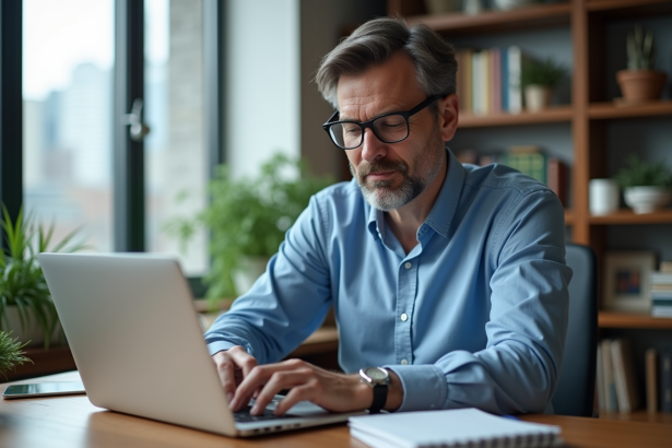 Homme d'âge moyen au bureau à domicile concentré sur son ordinateur