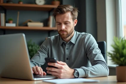 Homme concentr&eacute; travaillant sur son ordinateur dans un bureau