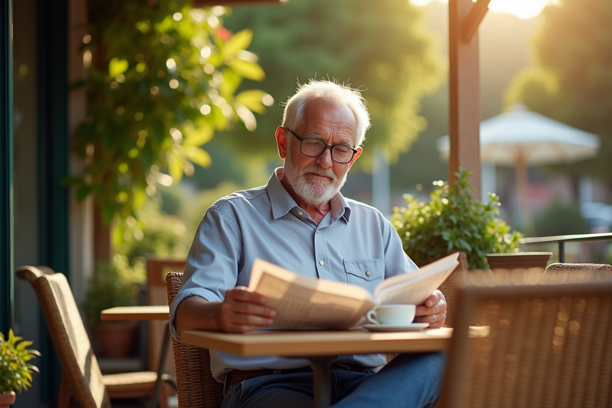 Homme détendu lisant un journal au café ensoleillé