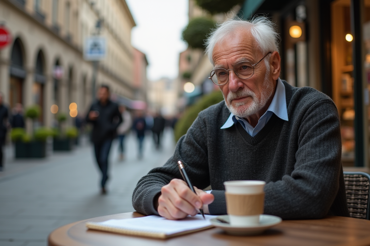 Homme âgé assis à un café en extérieur en automne