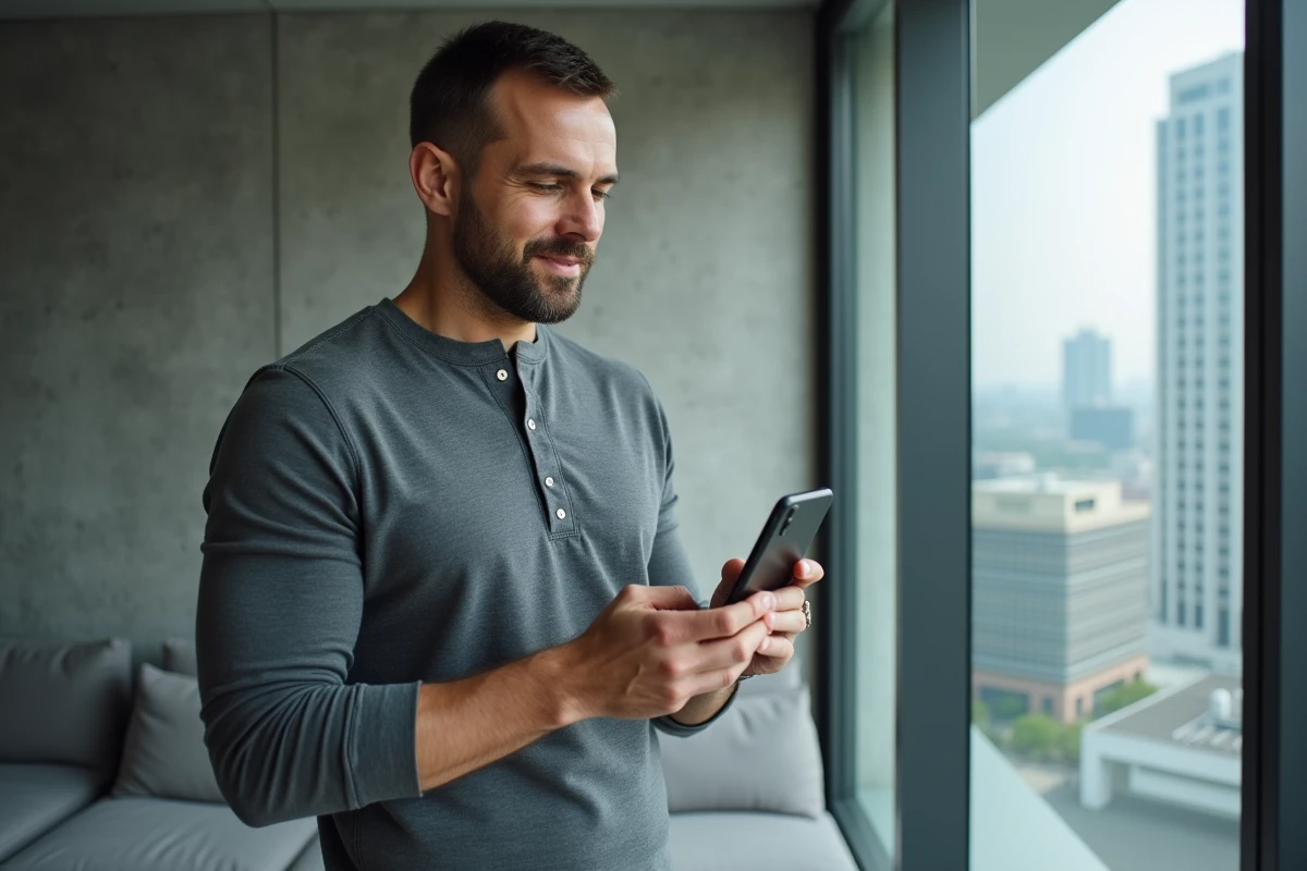 Homme consultant l'application Crédit Mutuel sur smartphone depuis son appartement moderne