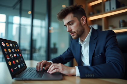 Jeune homme en costume cravate examine plateforme crypto