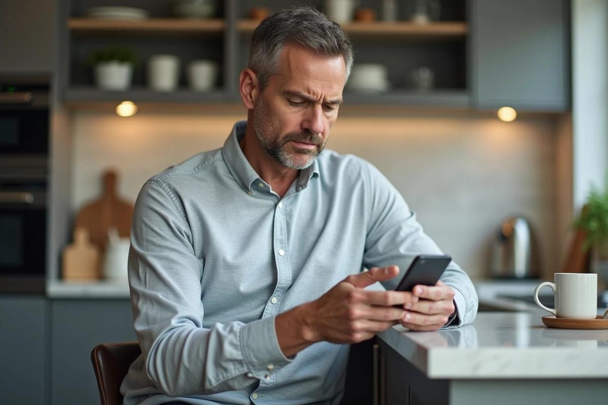 Homme vérifiant son solde bancaire dans la cuisine