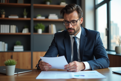 Homme confiant en costume cravate examine un plan financier