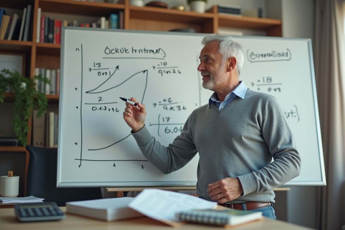 Homme en réunion avec tableau blanc et graphiques financiers