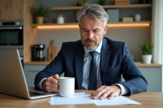 Homme d'affaires examine son relevé bancaire à la maison