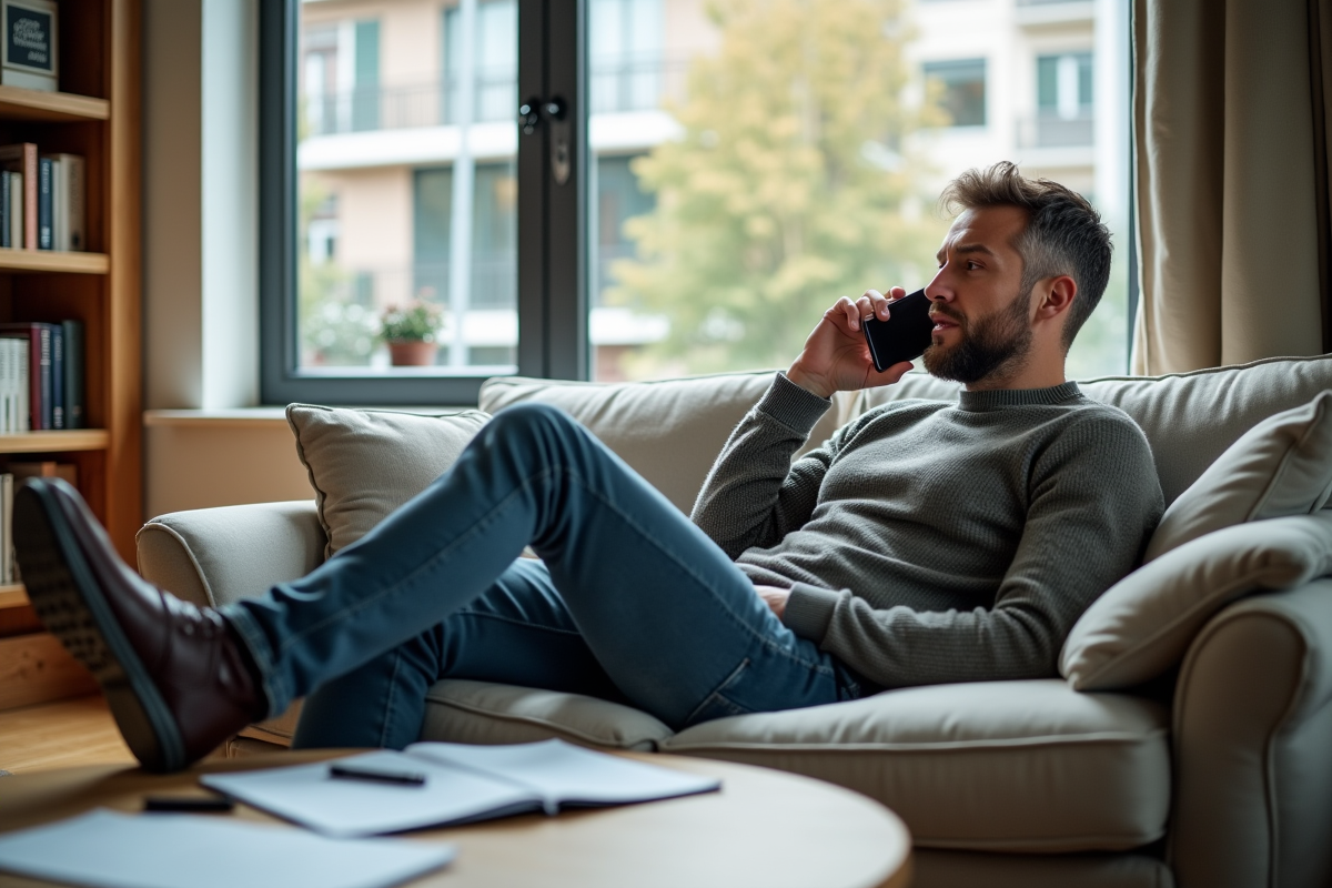 Homme en détente parlant au téléphone dans le salon
