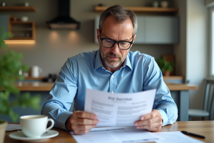 Homme d'âge moyen examine ses documents fiscaux à la maison