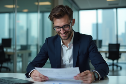 Homme en costume regardant un rapport salarial au bureau