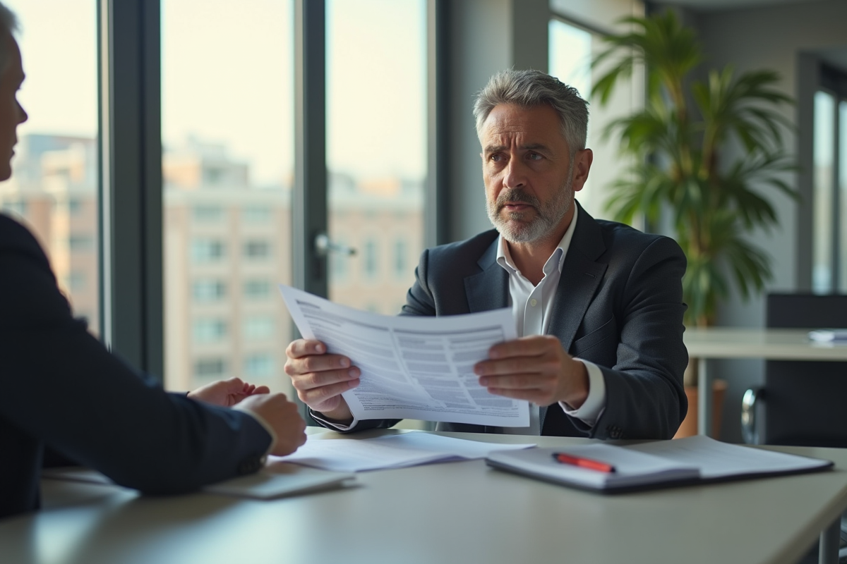 Homme d'âge moyen triste remettant des documents à un banquier