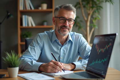 Homme d'affaires en bureau moderne analysant ses trades