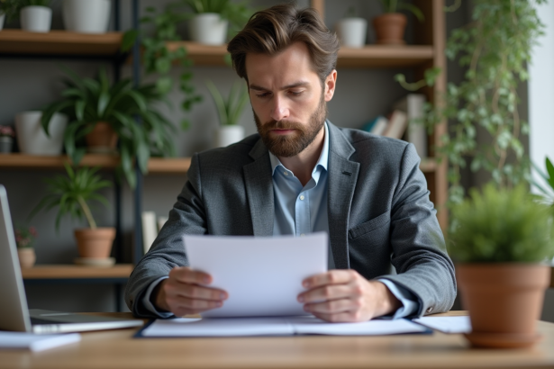 Homme d'âge moyen en bureau moderne examine documents d'assurance
