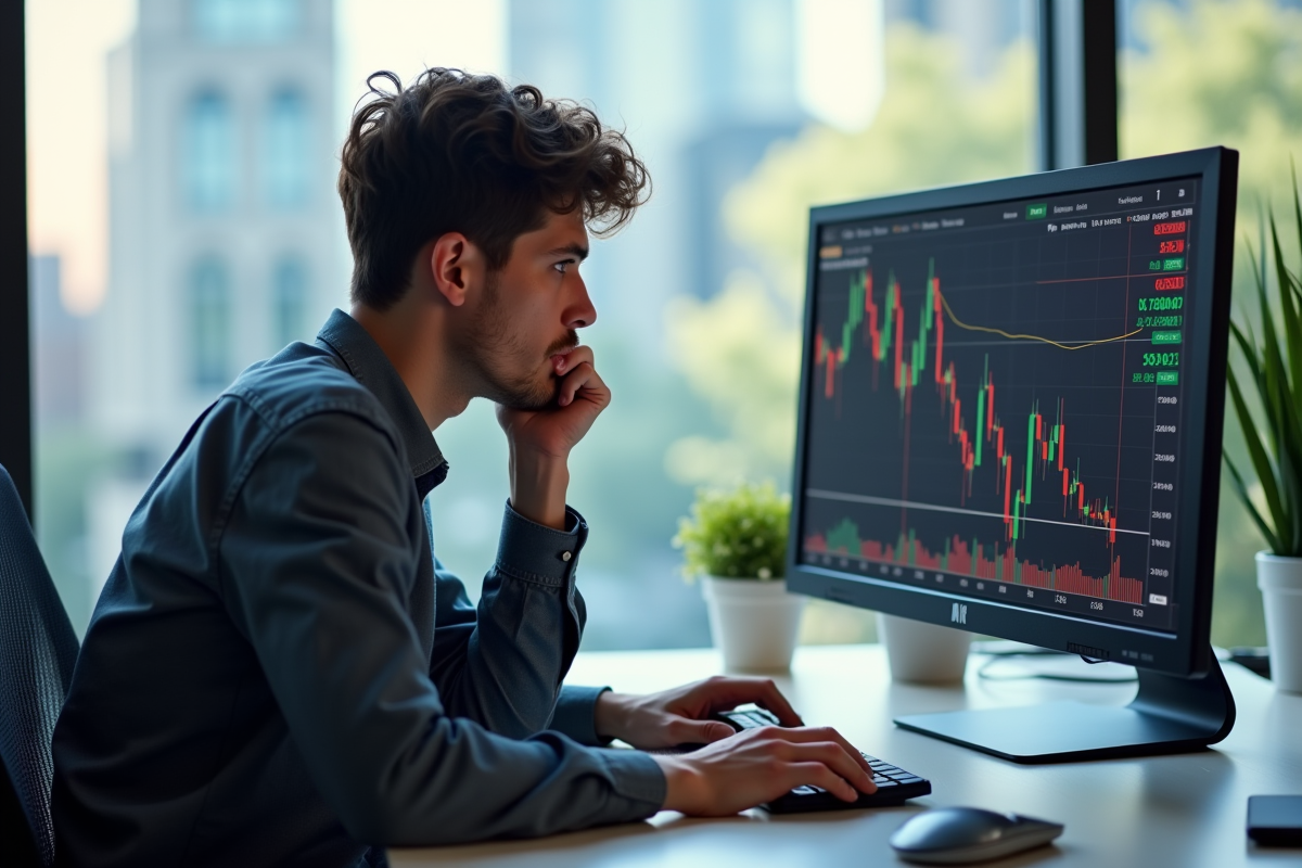 Jeune investisseur inquiet devant des cryptomonnaies en baisse