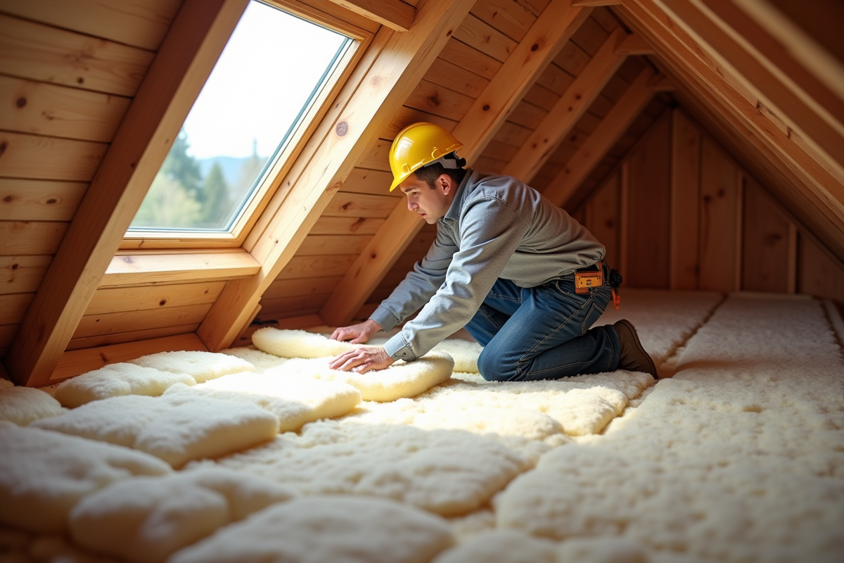 Travailleur isolant le grenier d'une maison moderne avec lumière naturelle