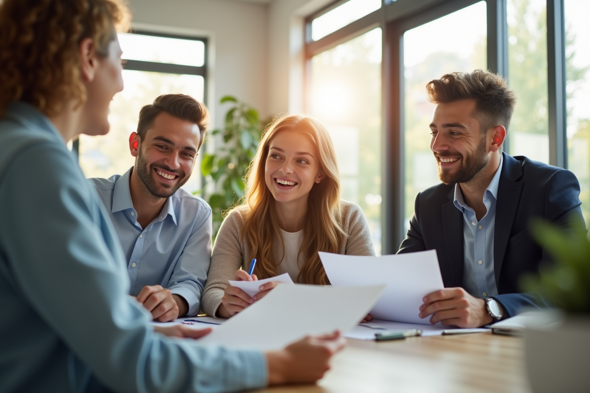 Couple jeune discutant de prêt immobilier avec conseiller