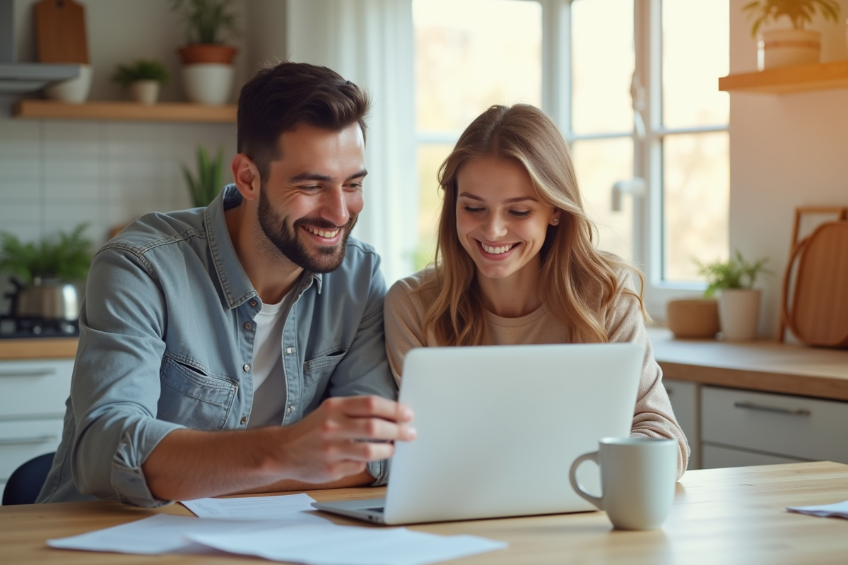 Jeune couple heureux vérifiant documents pour prêt personnel