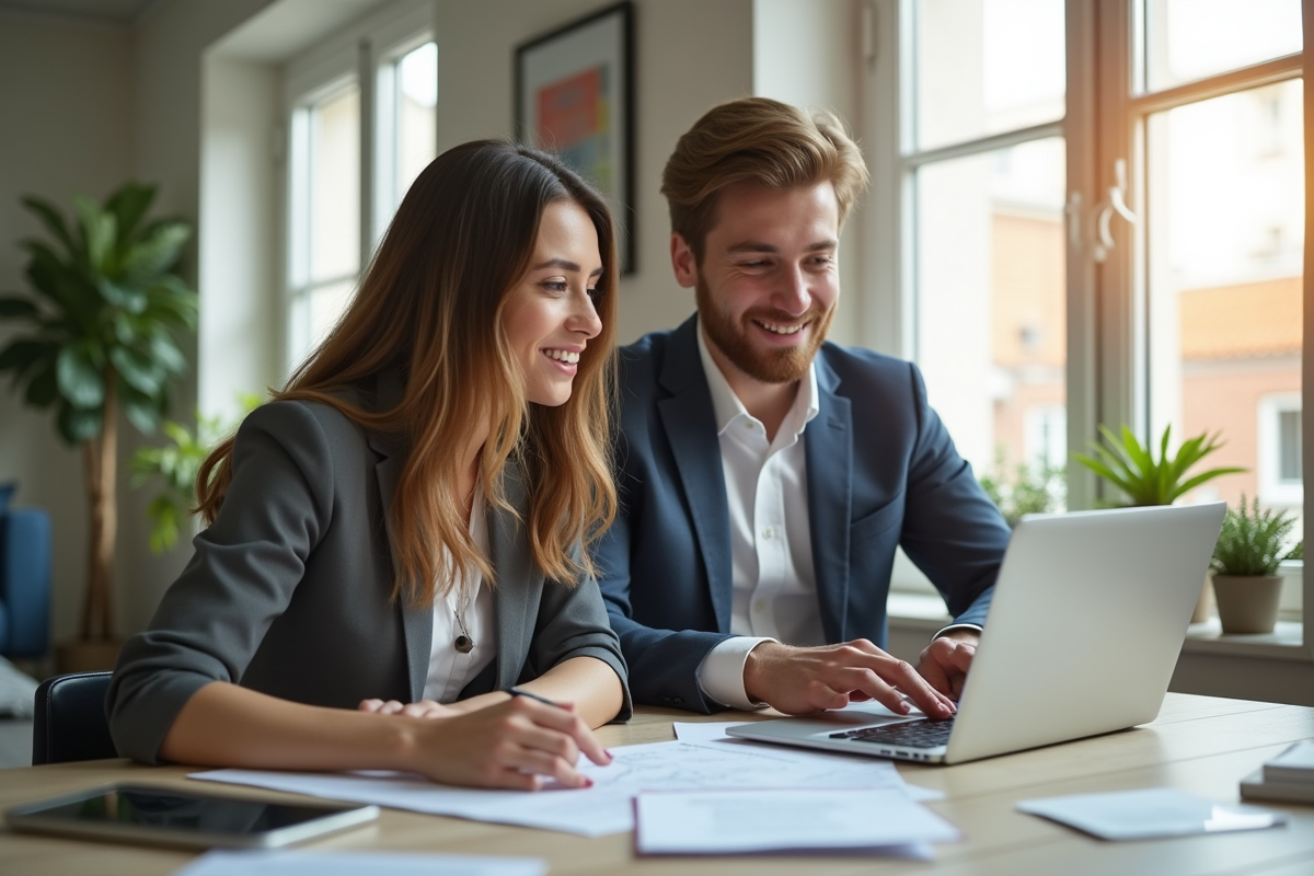 Jeune couple professionnel examinant des documents officiels à un bureau lumineux