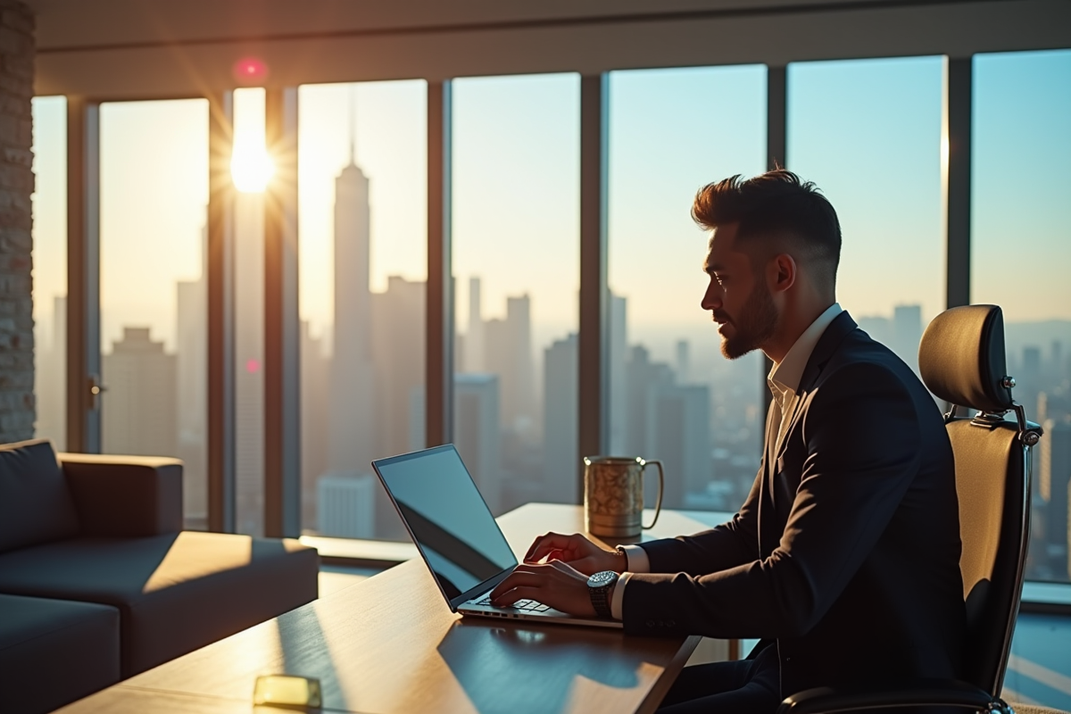 Jeune entrepreneur confiant dans un penthouse moderne avec vue sur la ville