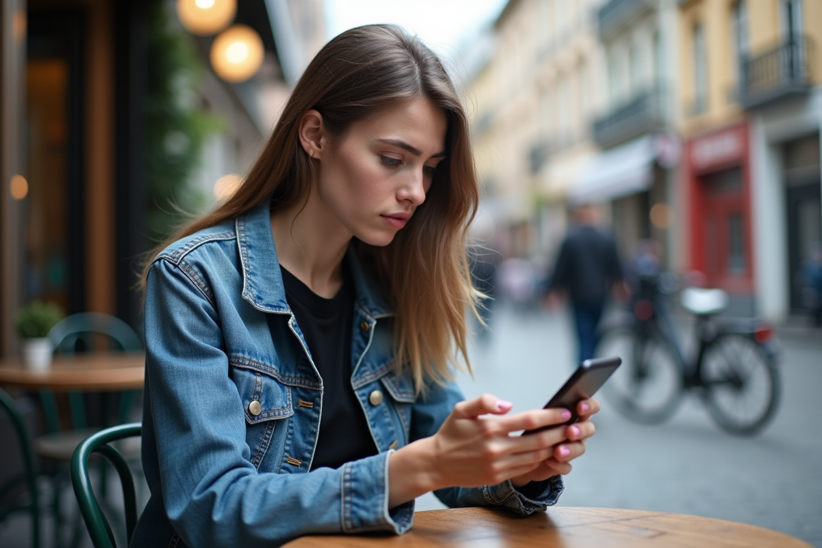Jeune femme concentrée utilisant une application crypto en extérieur