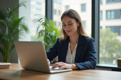 Jeune femme en bureau regardant des annonces immobilières