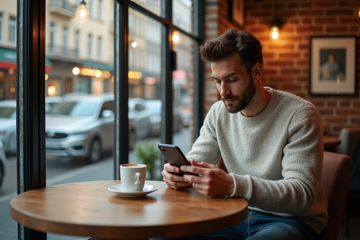 Jeune homme au café utilisant son smartphone