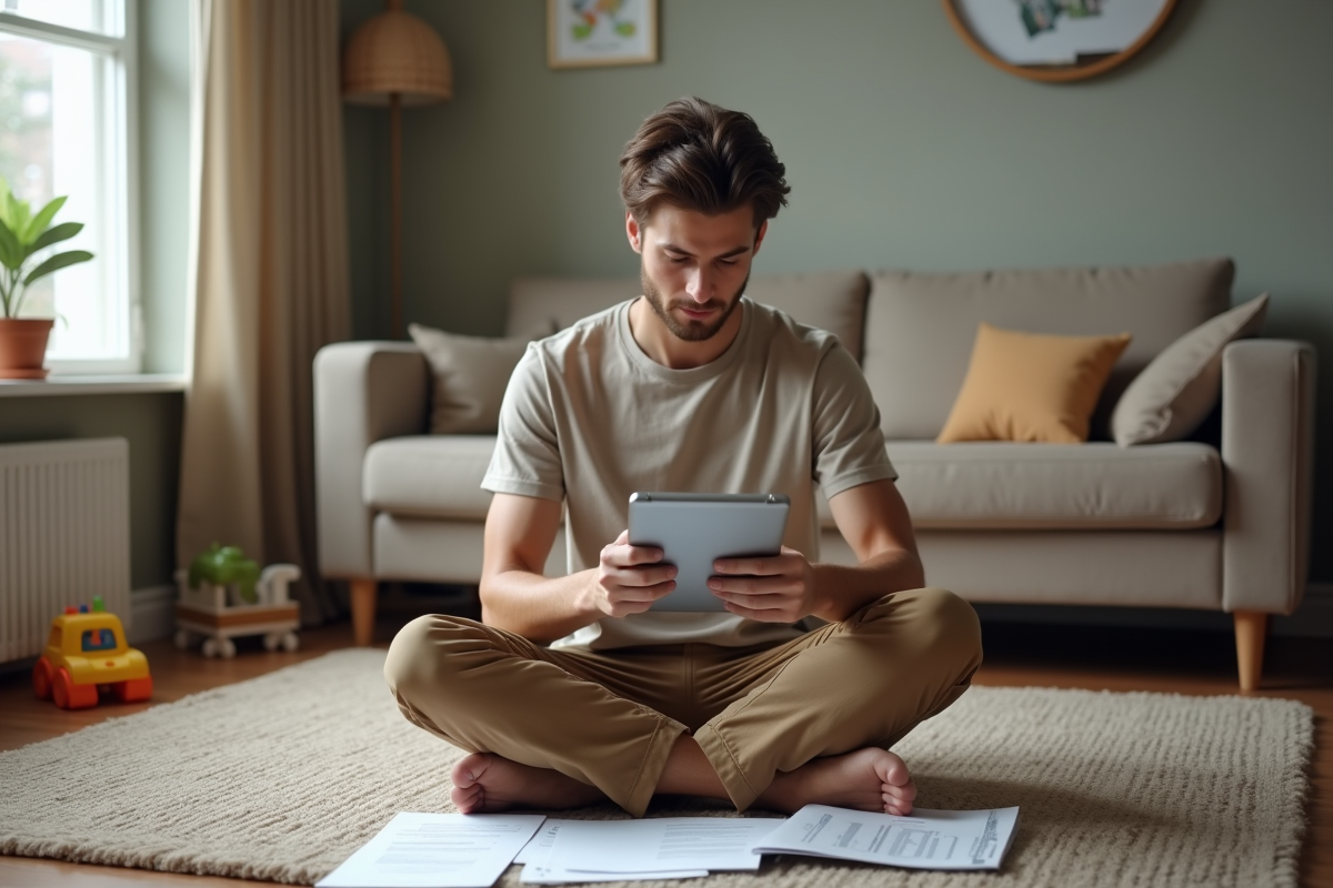 Jeune homme assis sur le sol avec tablette dans un intérieur cosy