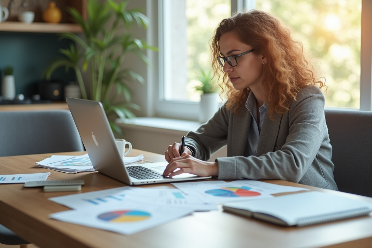 Jeune professionnel organisant ses finances avec un laptop et graphiques