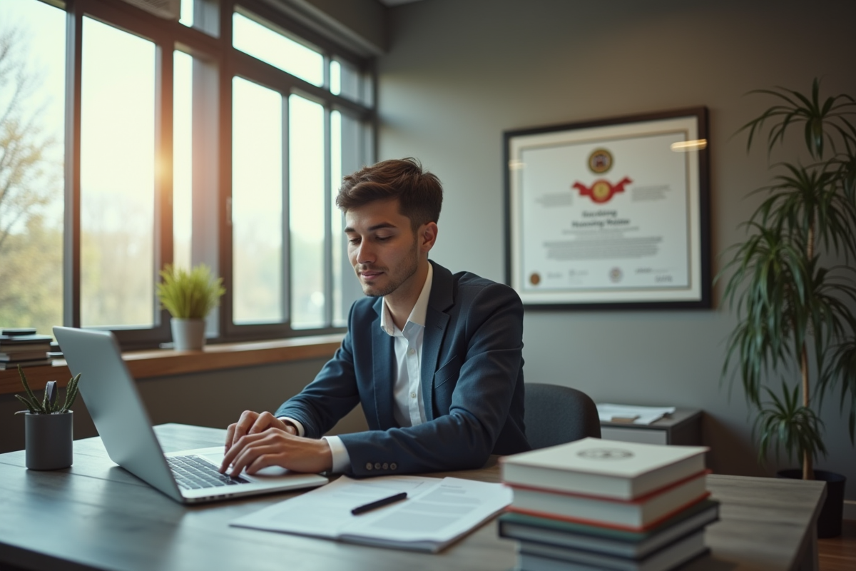 Jeune professionnel en bureau avec ordinateur et livres fintech