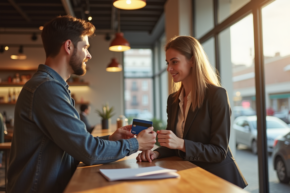 Jeune professionnel payant avec une carte American Express dans un café lumineux