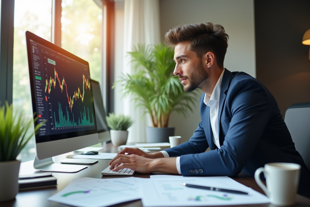 Jeune professionnel confiant analysant des documents financiers dans un bureau lumineux