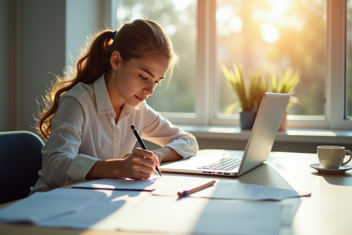 Jeune professionnel écrivant une lettre formelle au bureau lumineux