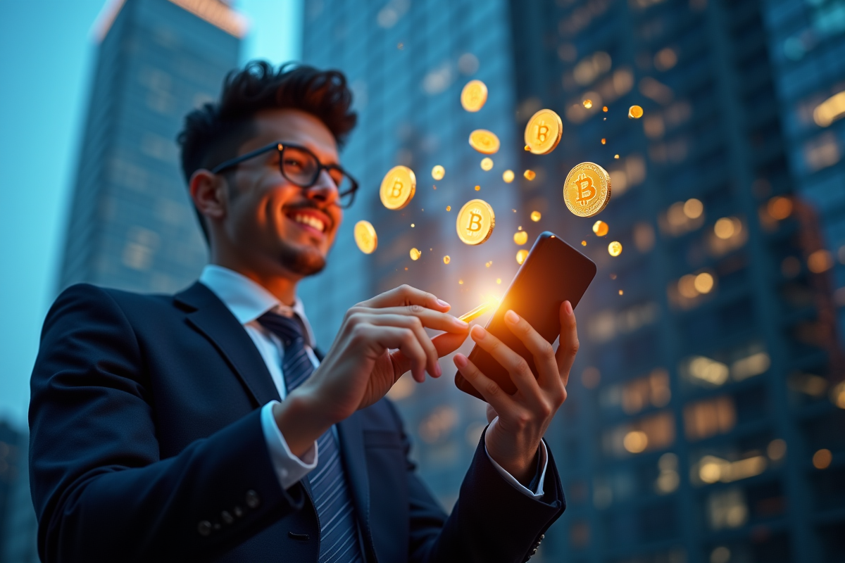 Jeune professionnel utilisant une application de trading de cryptomonnaies