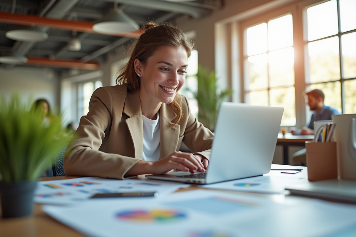 Jeune adulte confiant travaillant sur un ordinateur dans un espace coworking lumineux