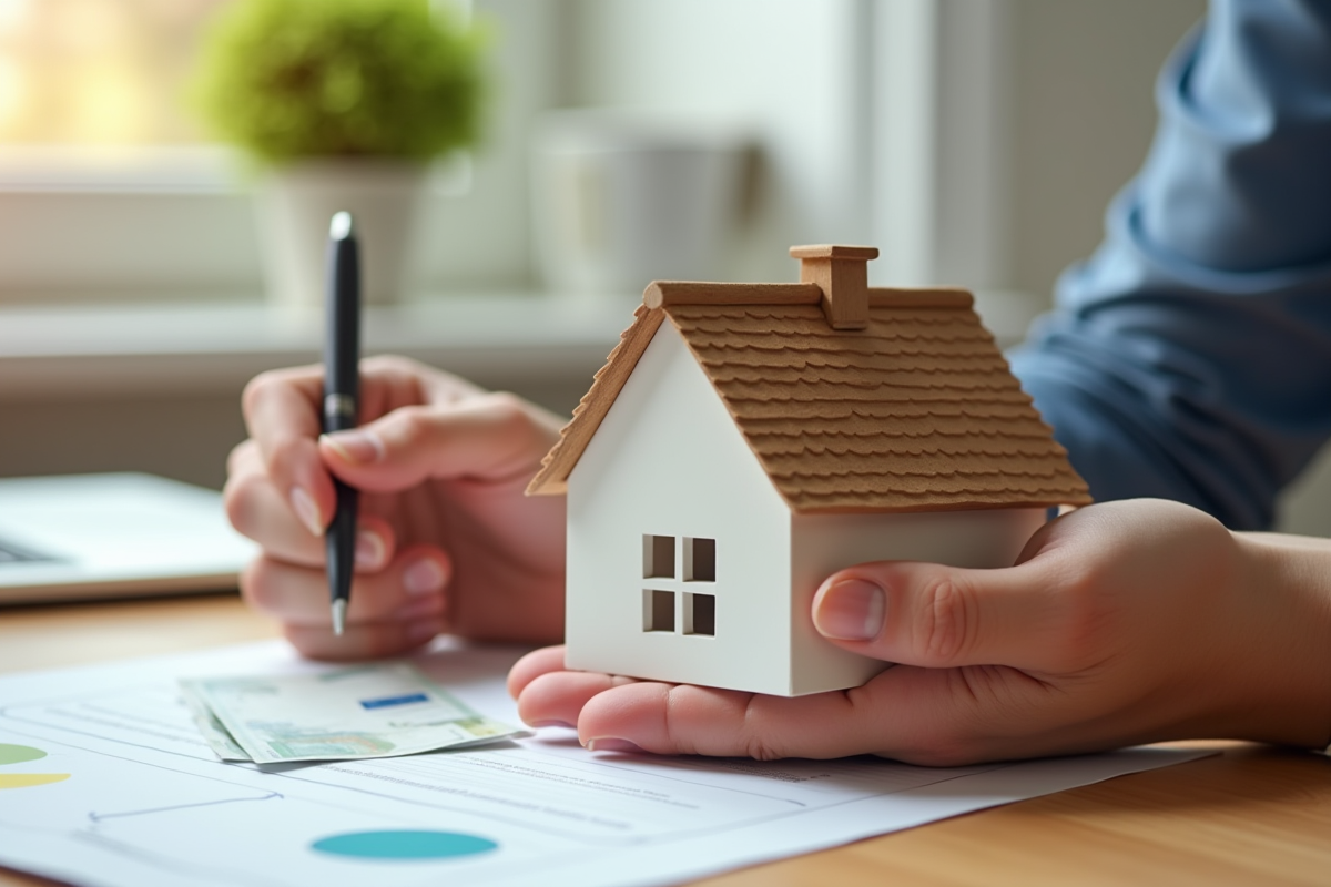 Mains tenant une maquette de maison et un billet d euro sur un bureau lumineux