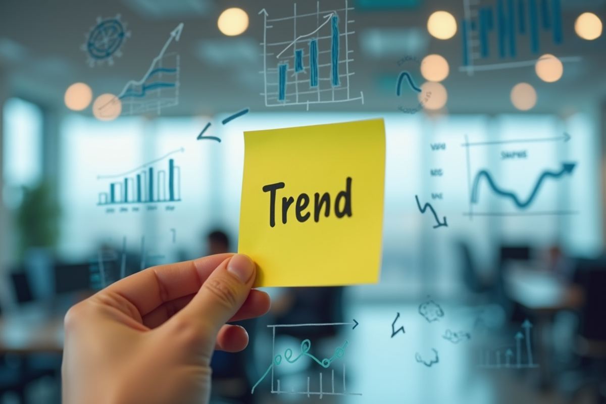 Main posant une note sticky trend sur un mur de graphiques et infographies