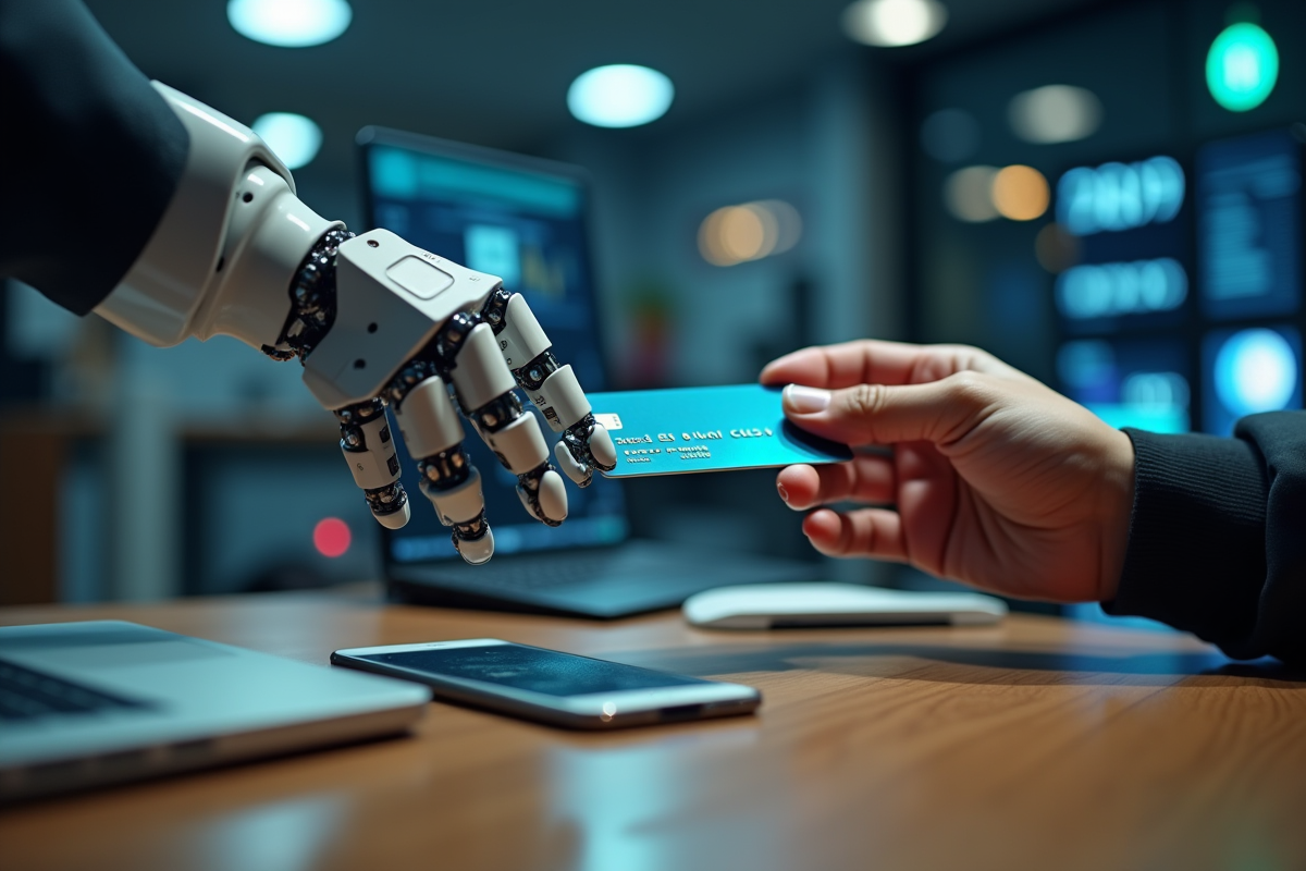 Main robotique et humaine échangeant une carte de crédit dans un environnement high tech